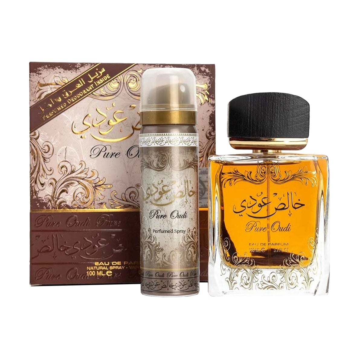 Парфумований набір унісекс Lattafa Perfumes Khalis Oudi (Pure Oudi) (парфумована вода, 100 мл + парфумований дезодорант-спрей, 50 мл)